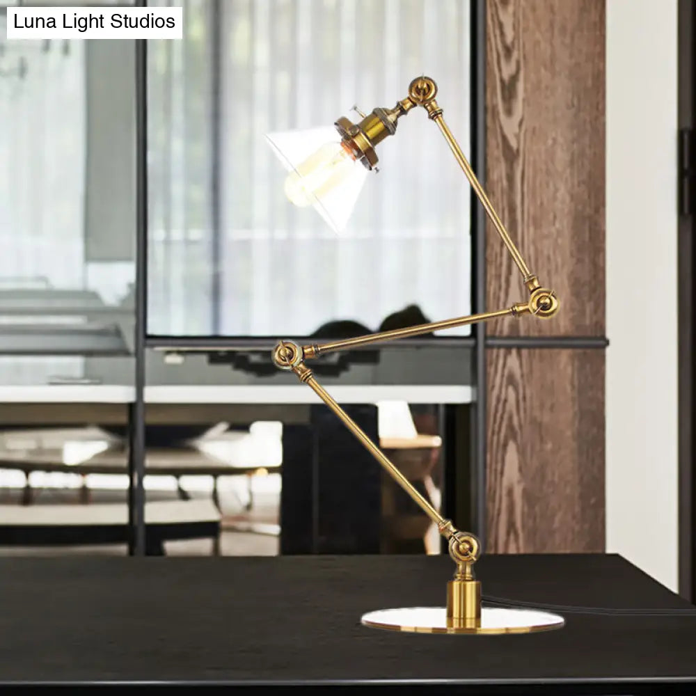 Adjustable Arm Industrial Table Lamp With Clear Glass Shade - Black/Brass Finish