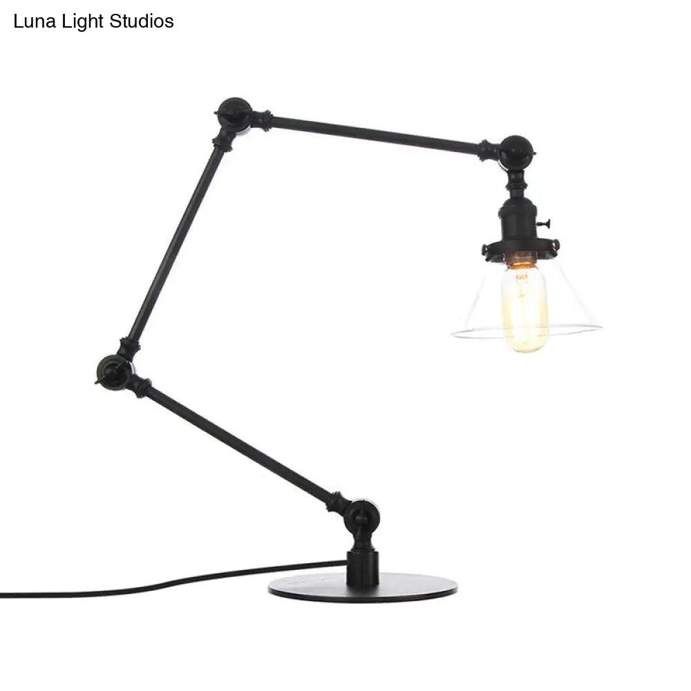 Adjustable Arm Industrial Table Lamp With Clear Glass Shade - Black/Brass Finish