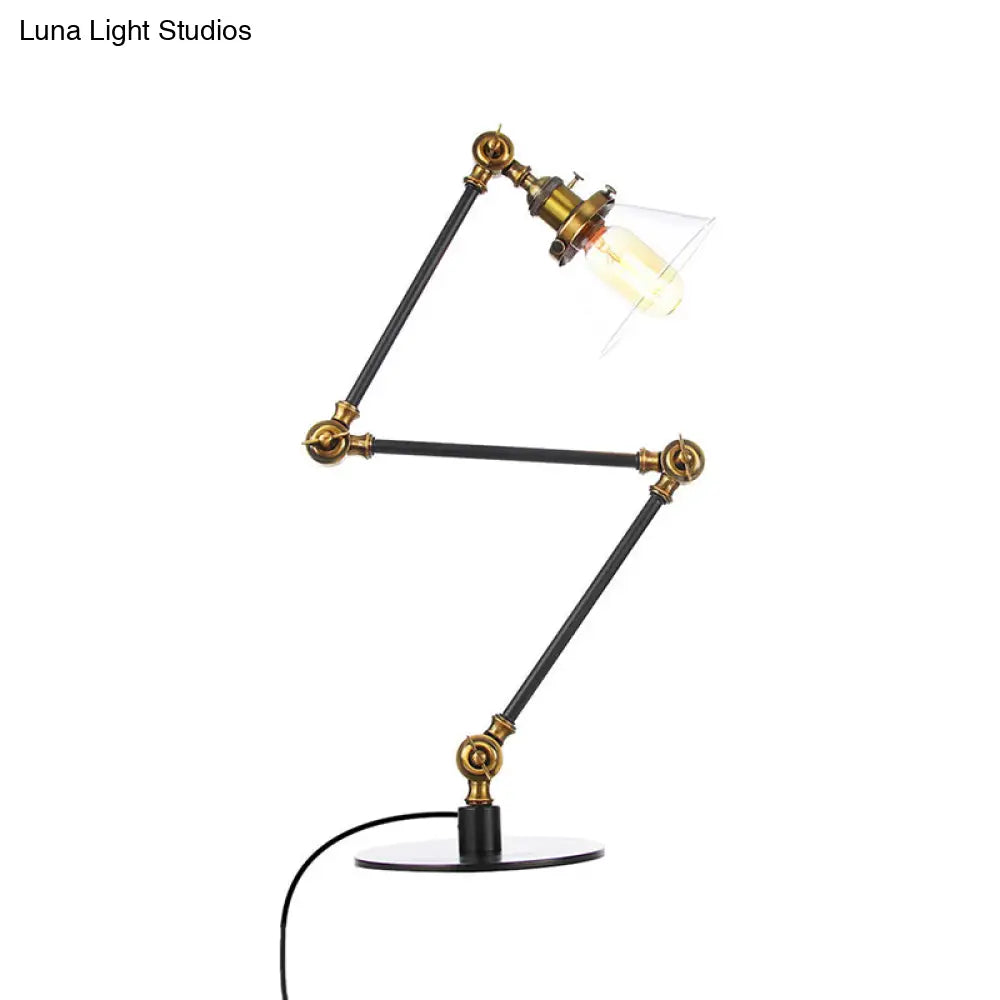 Adjustable Arm Industrial Table Lamp With Clear Glass Shade - Black/Brass Finish