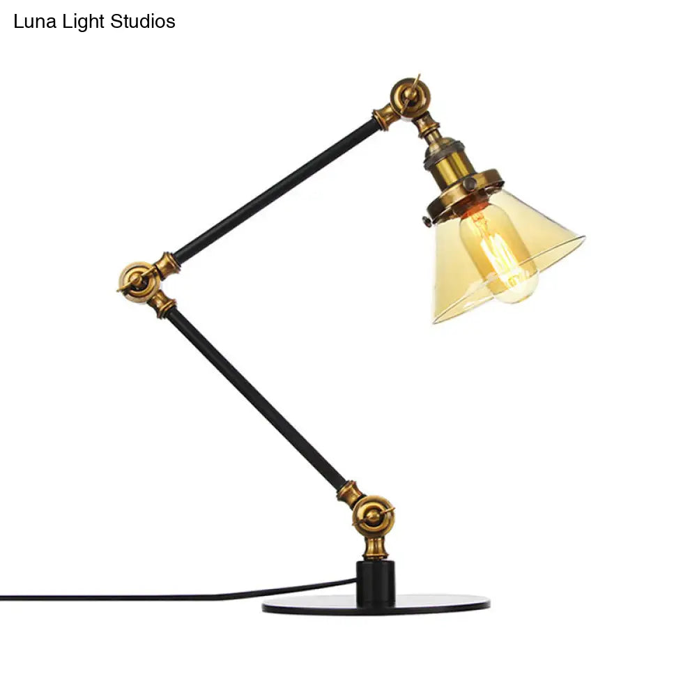 Adjustable Arm Industrial Table Lamp With Clear Glass Shade - Black/Brass Finish