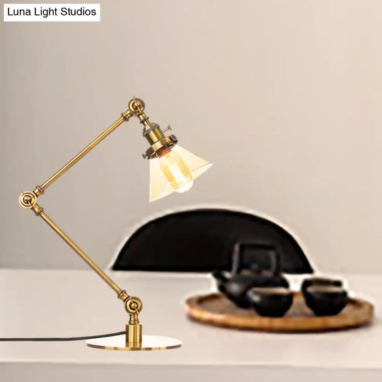 Adjustable Arm Industrial Table Lamp With Clear Glass Shade - Black/Brass Finish