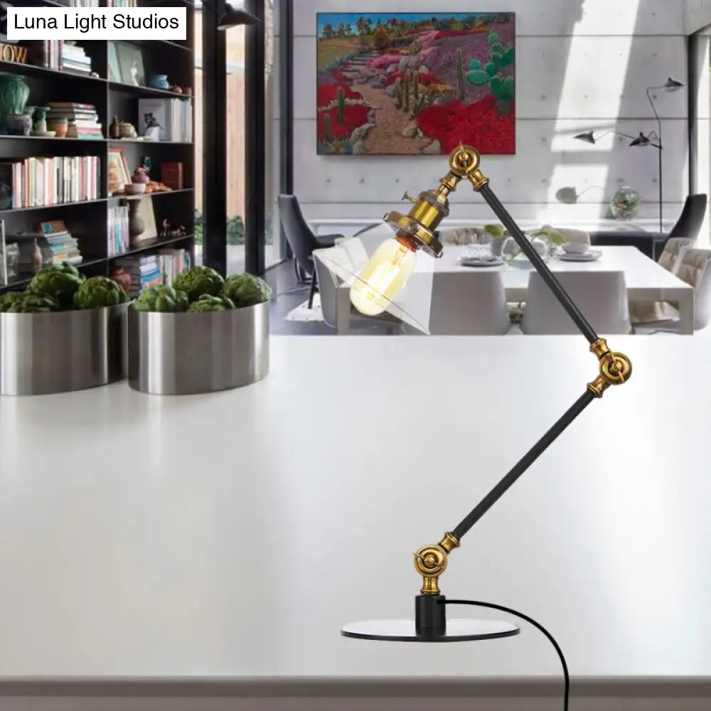 Adjustable Arm Industrial Table Lamp With Clear Glass Shade - Black/Brass Finish