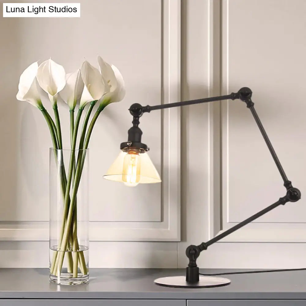 Adjustable Arm Industrial Table Lamp With Clear Glass Shade - Black/Brass Finish