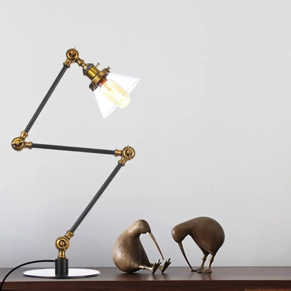 Adjustable Arm Industrial Table Lamp With Clear Glass Shade - Black/Brass Finish Brass / B