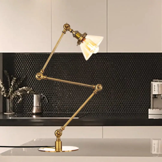 Adjustable Arm Industrial Table Lamp With Clear Glass Shade - Black/Brass Finish Gold / Amber B