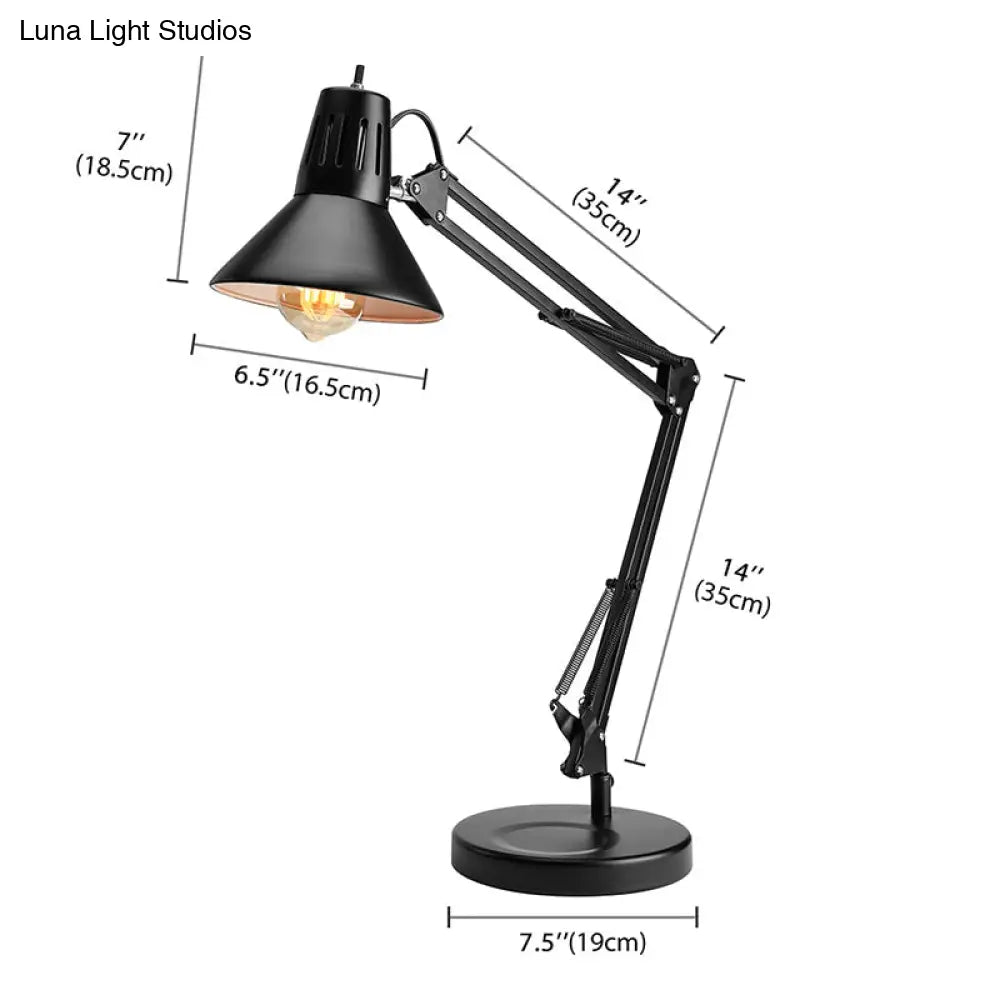 Adjustable Arm Metallic Black Reading Light With Conic Shade - 1 Bulb Industrial Style Desk Lamp