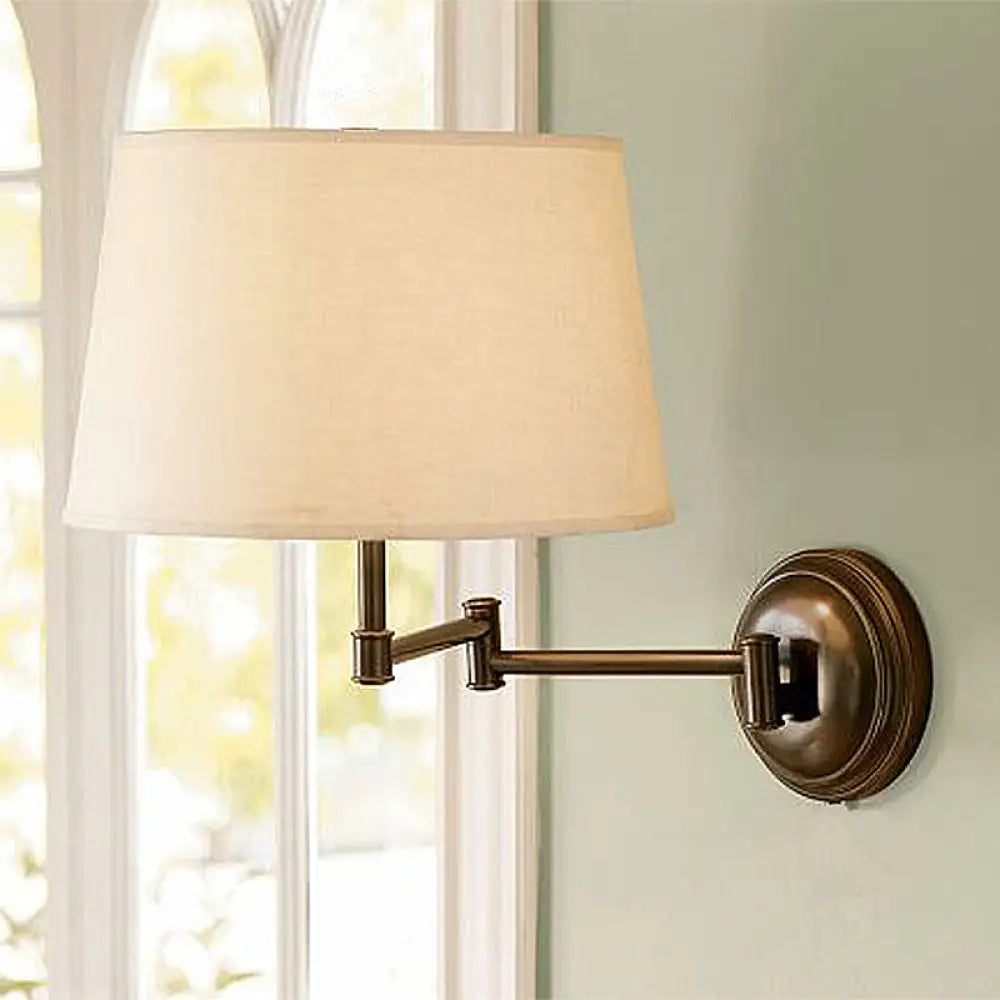 Adjustable Arm Retro White Fabric Wall Sconce Light For Living Room Drum Style