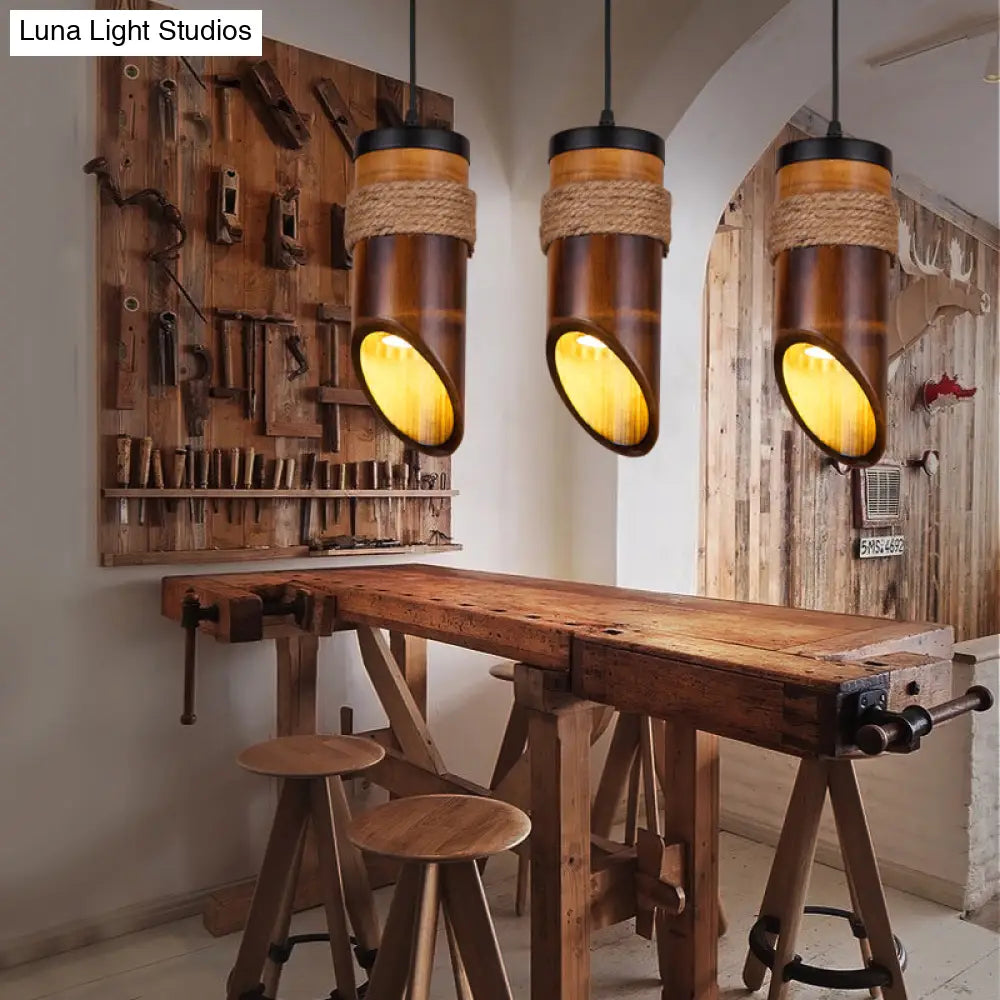 Adjustable Bamboo Hanging Pendant Lamp With 1 Light Bulb Brown Lighting