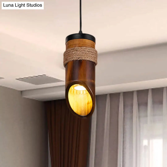 Bamboo Tubed Pendant Light - Height Adjustable With Rope For Ceiling 1 Bulb Lamp