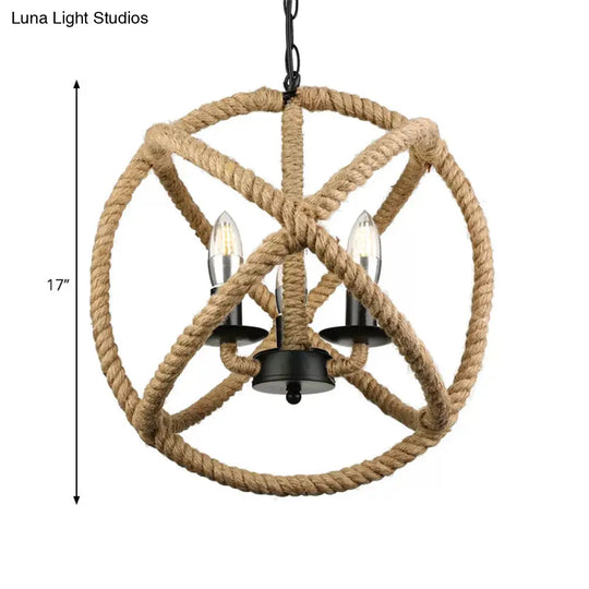 Adjustable Beige Chandelier For Bedrooms - Industrial Style Hanging Lamp Rope Globe Cage With Chain