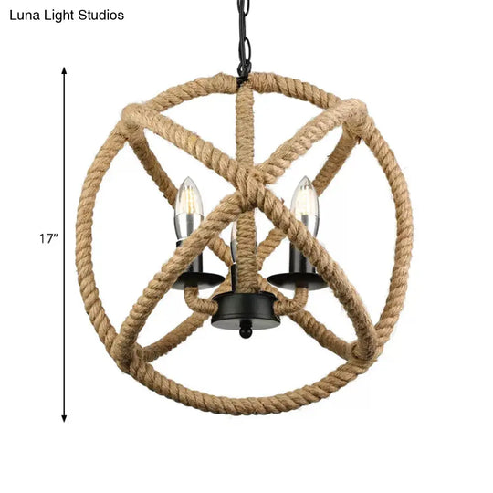 Adjustable Beige Chandelier For Bedrooms - Industrial Style Rope Globe Cage Hanging Lamp