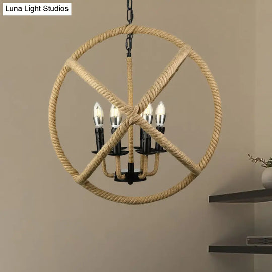 Adjustable Beige Chandelier For Bedrooms - Industrial Style Hanging Lamp Rope Globe Cage With Chain