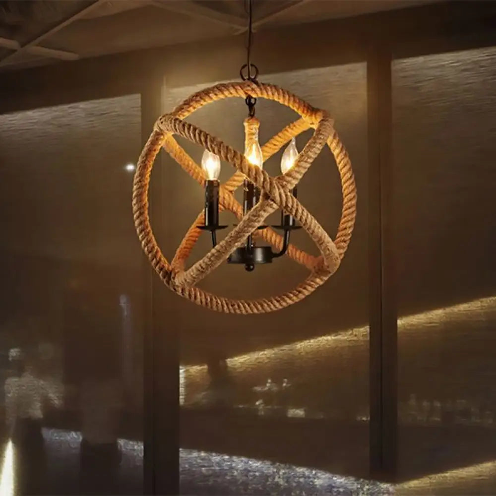 Adjustable Beige Chandelier For Bedrooms - Industrial Style Hanging Lamp Rope Globe Cage With Chain