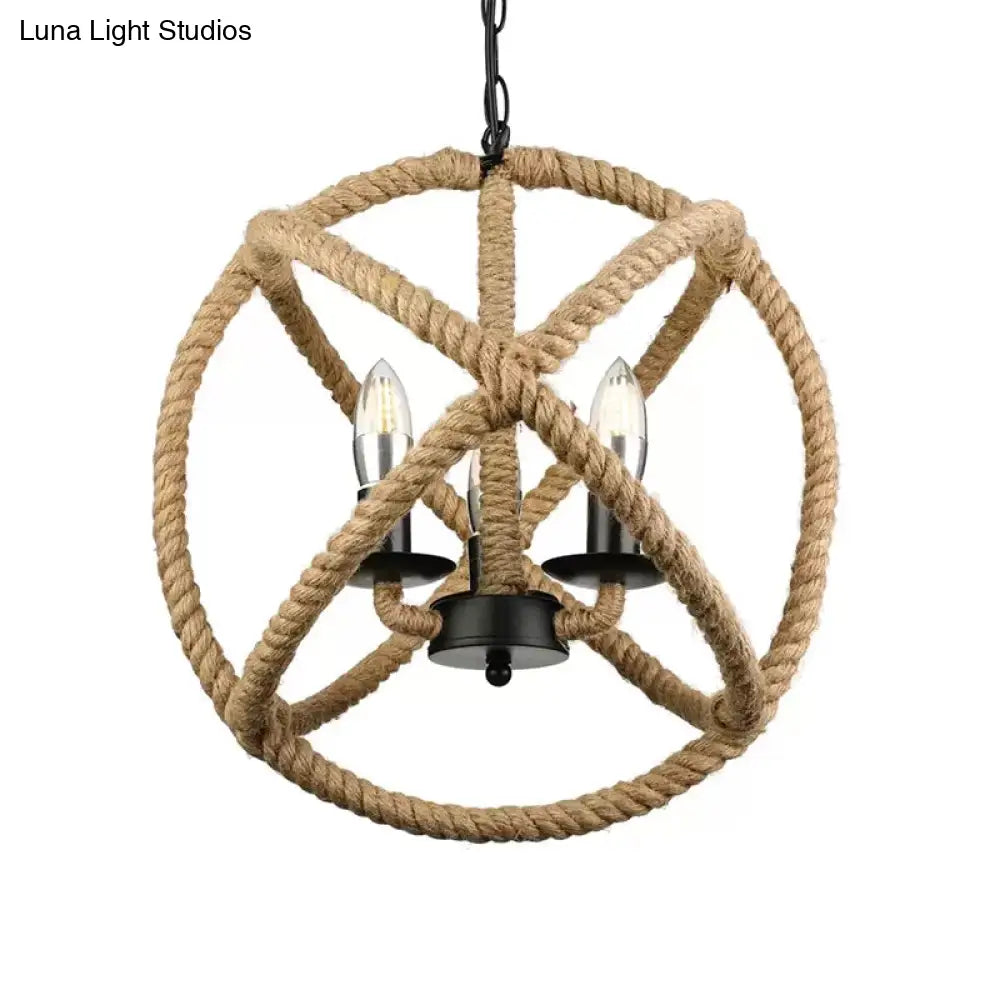 Adjustable Beige Chandelier For Bedrooms - Industrial Style Hanging Lamp Rope Globe Cage With Chain