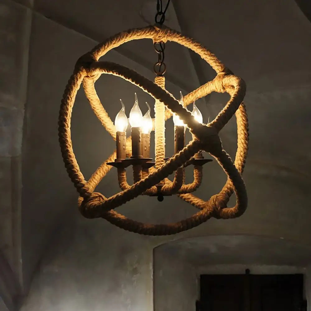 Adjustable Beige Chandelier For Bedrooms - Industrial Style Hanging Lamp Rope Globe Cage With Chain