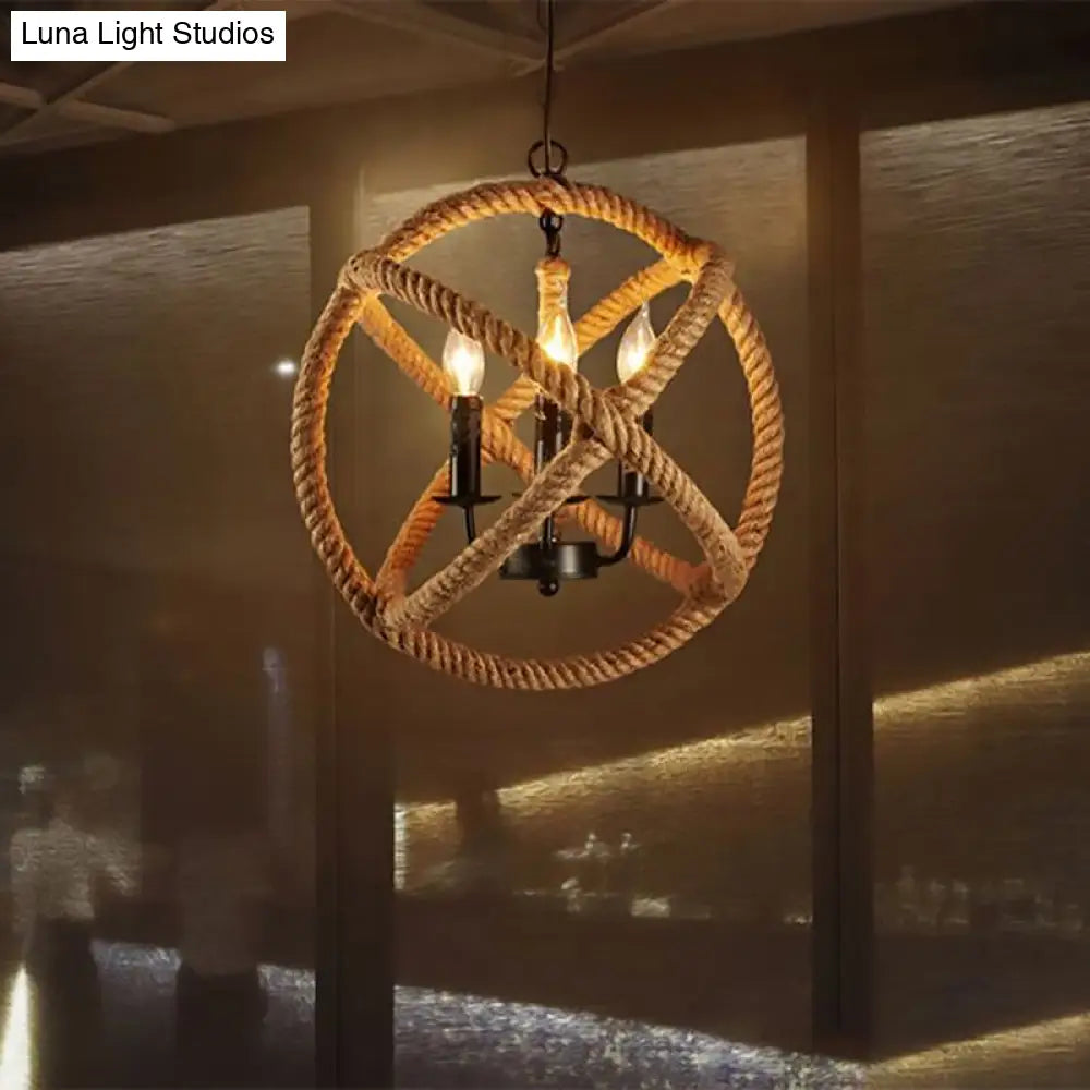 Adjustable Beige Chandelier For Bedrooms - Industrial Style Rope Globe Cage Hanging Lamp 3 /