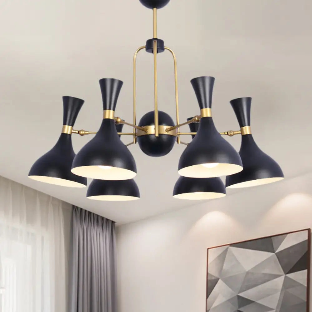 Adjustable Black And Gold Metal Chandelier Pendant Light - 6 Lights Funnel Shape Ideal For