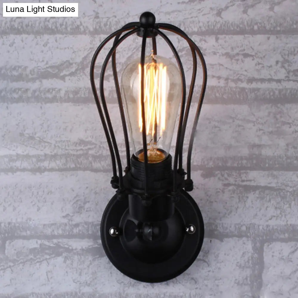 Adjustable Black Iron Wall Lamp - Bulb Shaped Cage Industrial Style Ideal For Bedroom Reading