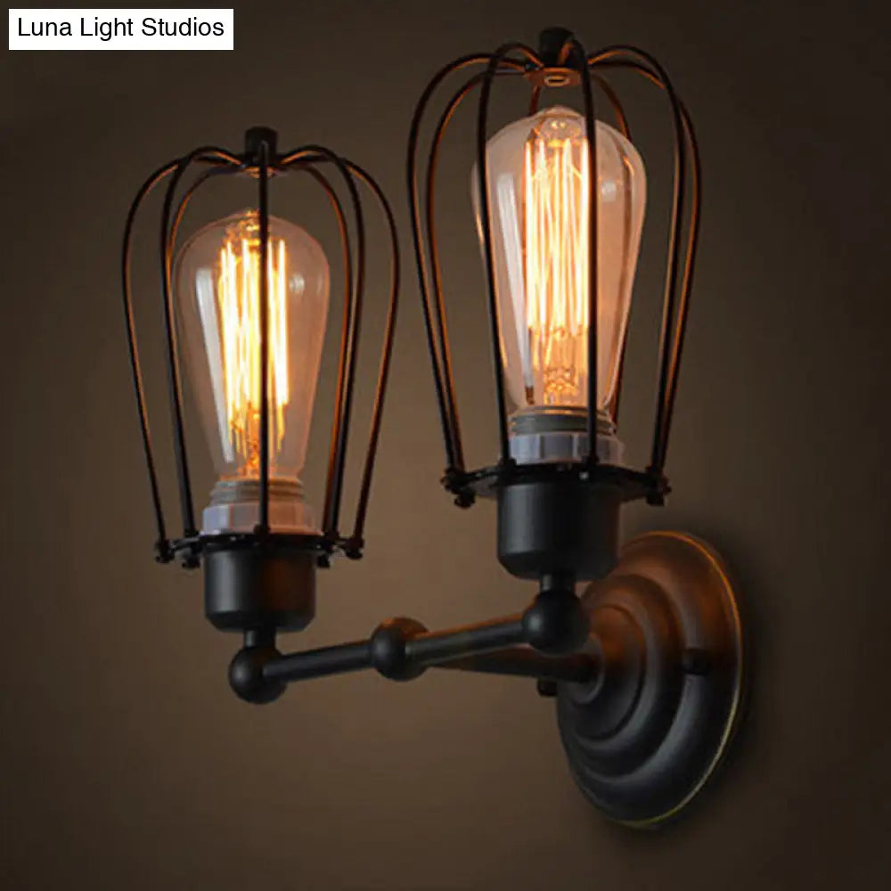 Adjustable Black Iron Wall Lamp - Bulb Shaped Cage Industrial Style Ideal For Bedroom Reading