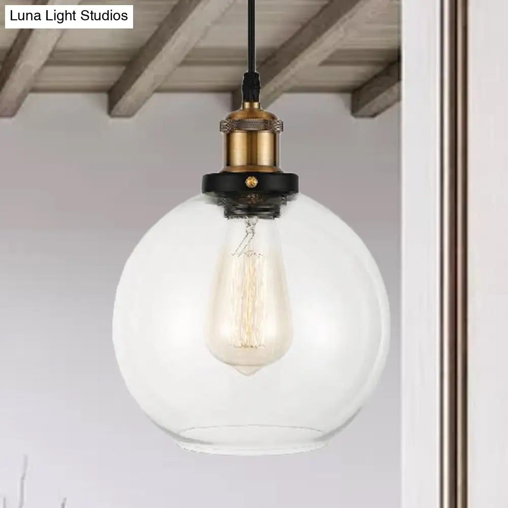 Industrial Brass Pendant Light: Clear Glass Globe Suspension Lamp With Adjustable Cord / 8