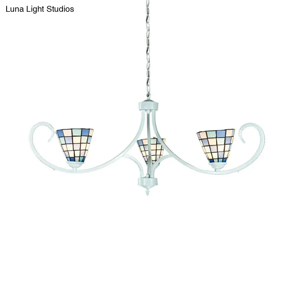 Adjustable Chain Cone Pendant Lighting - Traditional 3-Light Stained Glass Chandelier In Blue