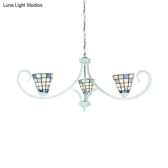 Traditional Blue Stained Glass Chandelier - Cone Pendant Lighting With Adjustable Chain (3 Lights)