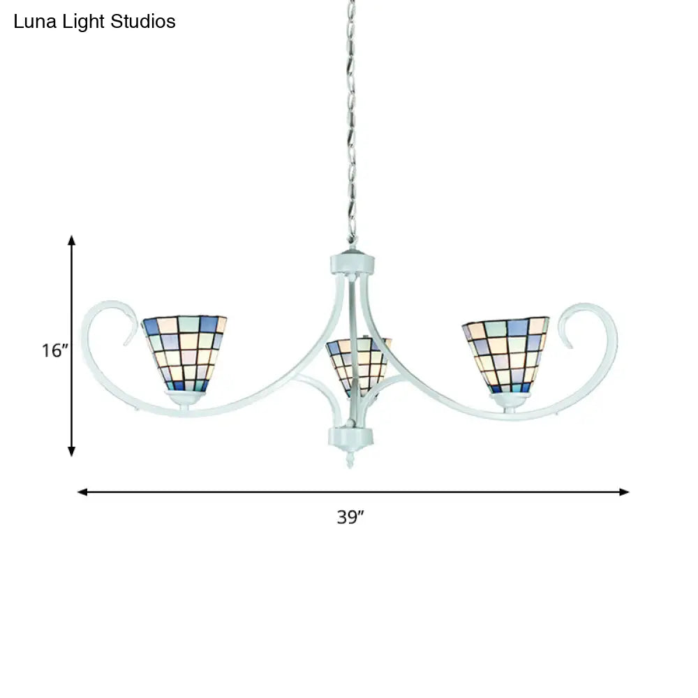 Adjustable Chain Cone Pendant Lighting - Traditional 3-Light Stained Glass Chandelier In Blue