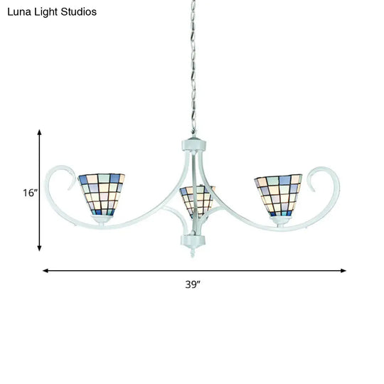 Traditional Blue Stained Glass Chandelier - Cone Pendant Lighting With Adjustable Chain (3 Lights)