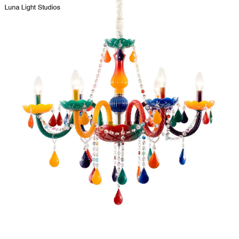 Adjustable Chain Kids Crystal Candle Chandelier With 6 Red And Yellow Bulbs