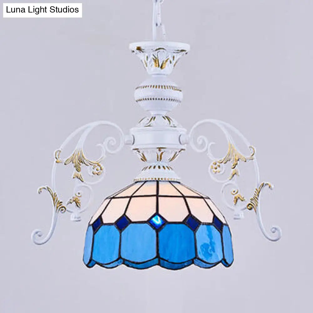 Tiffany Stained Glass Semi Globe Ceiling Light With Adjustable Chain - 1 Pendant In Multicolor Blue