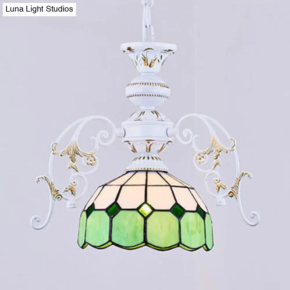 Tiffany Stained Glass Semi Globe Ceiling Light With Adjustable Chain - 1 Pendant In Multicolor Green