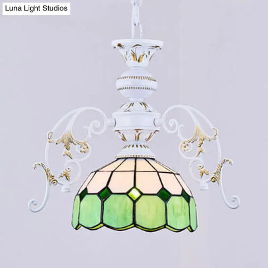 Tiffany Stained Glass Semi Globe Ceiling Light With Adjustable Chain - 1 Pendant In Multicolor Green