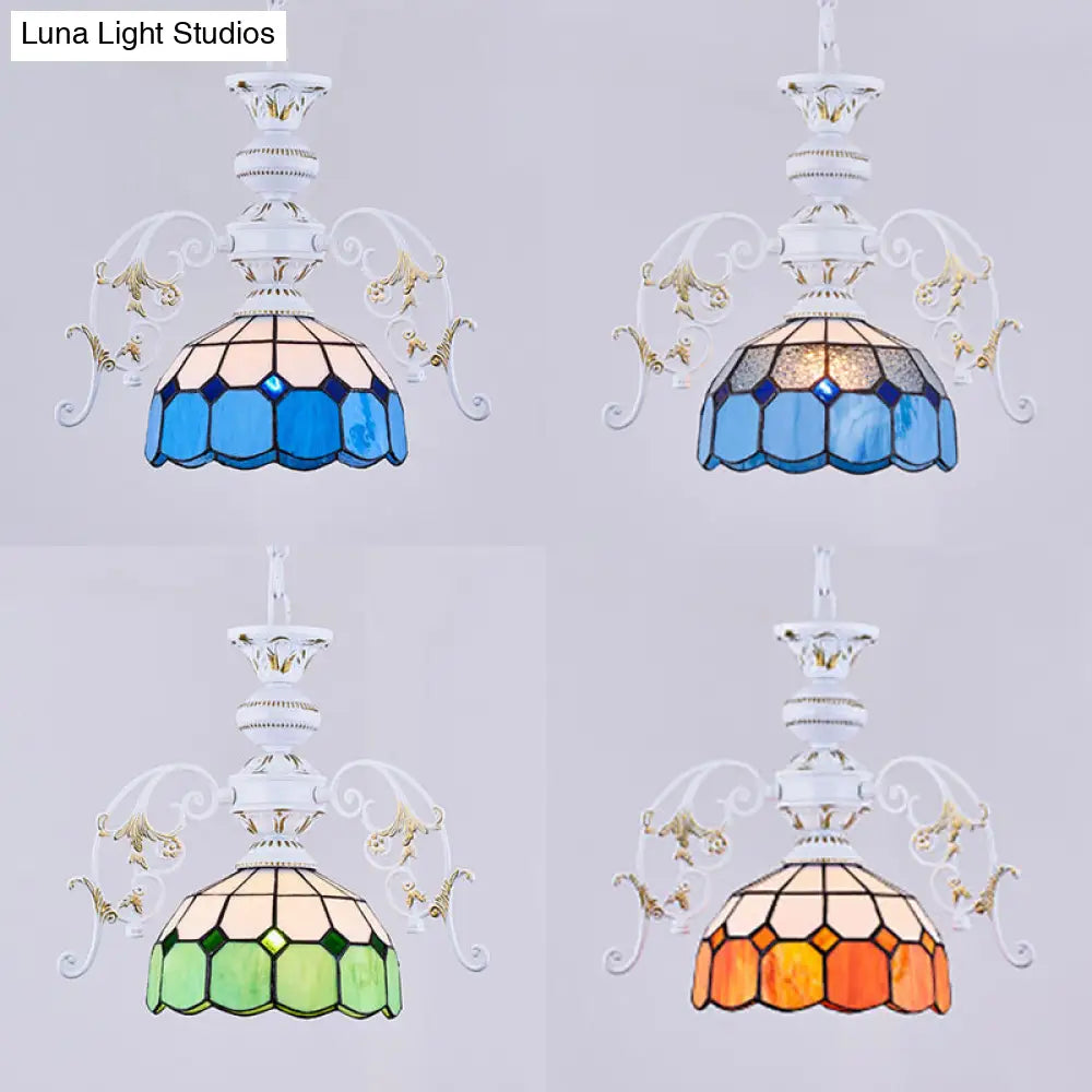 Adjustable Chain Semi Globe Tiffany Stained Glass Pendant Ceiling Light In Vibrant