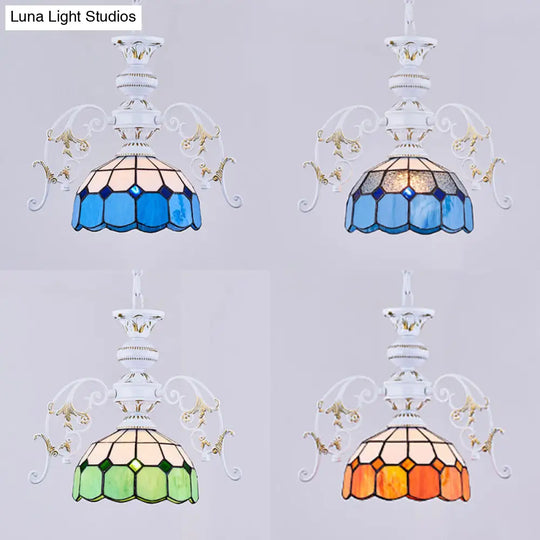 Adjustable Chain Semi Globe Tiffany Stained Glass Pendant Ceiling Light In Vibrant