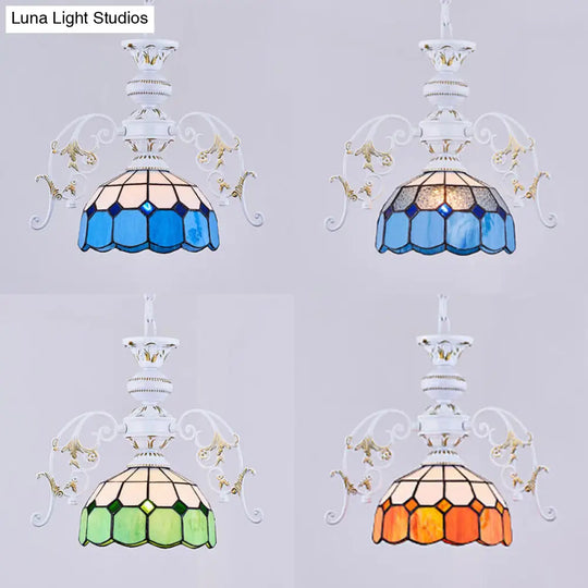 Tiffany Stained Glass Semi Globe Ceiling Light With Adjustable Chain - 1 Pendant In Multicolor