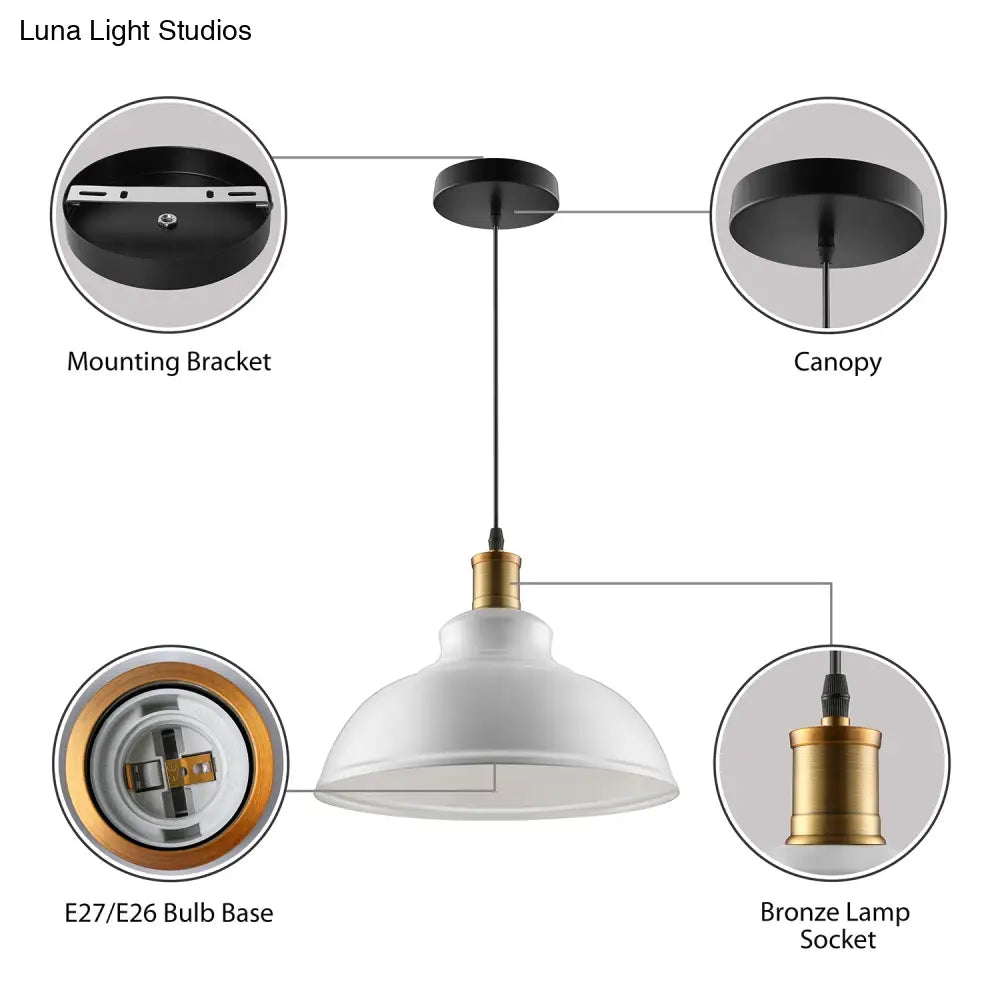 Adjustable Cord Black/White Retro Metal Dome Shade Ceiling Pendant - 1 Bulb Hanging Fixture In