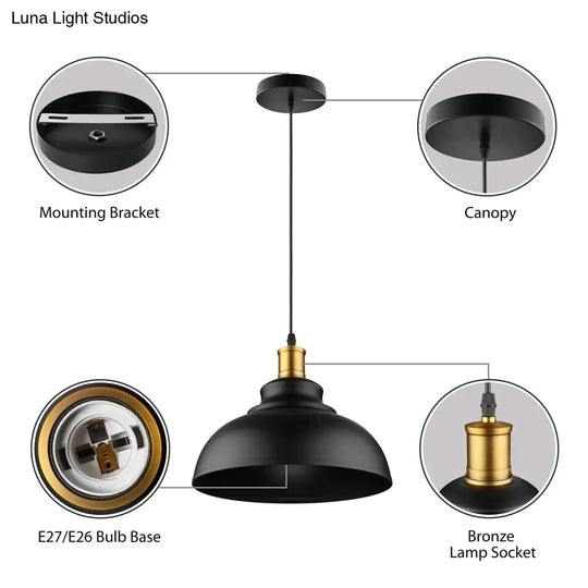 Adjustable Cord Retro Metal Dome Ceiling Pendant With Black/White Shade - 12/14/16 W