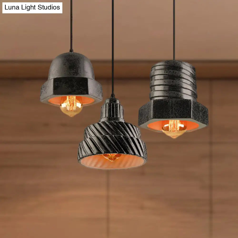 Adjustable Cord 3-Light Industrial Hanging Pendant Lamp In Black - Screw Shaped Design Ceramics