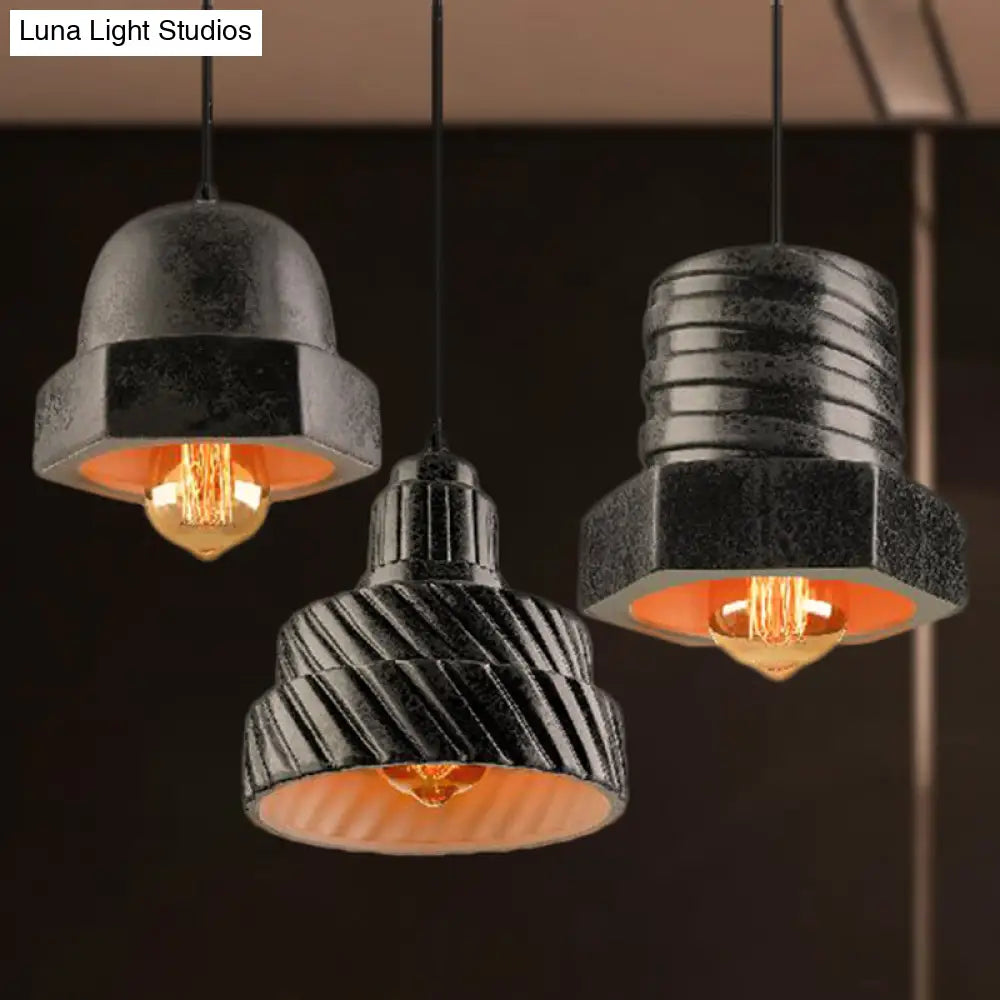 Adjustable Cord 3-Light Industrial Hanging Pendant Lamp In Black - Screw Shaped Design Ceramics