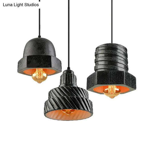 Adjustable Cord 3-Light Industrial Hanging Pendant Lamp In Black - Screw Shaped Design Ceramics