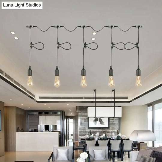 Adjustable Cord Industrial Black Metal Ceiling Light Fixture With 3/5/7-Light Bare Bulb Pendant