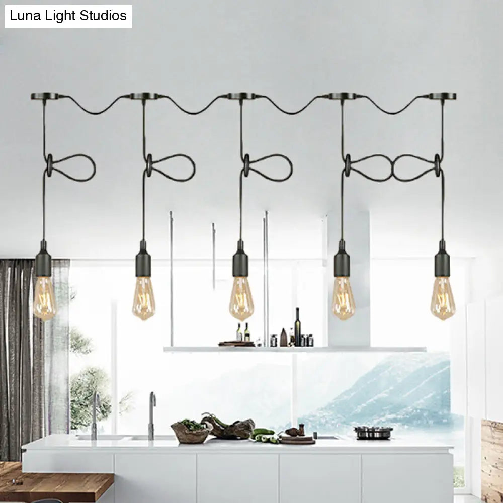 Bare Bulb Pendant Lighting- Industrial Black Metal Ceiling Light Fixture - Adjustable Cord