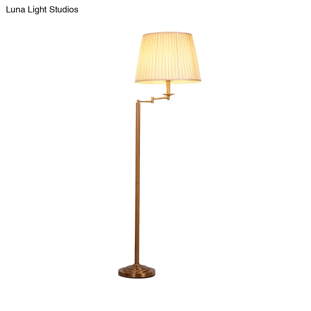 Adjustable Floor Lamp With Brass Finish & Plated Fabric Drum Shade