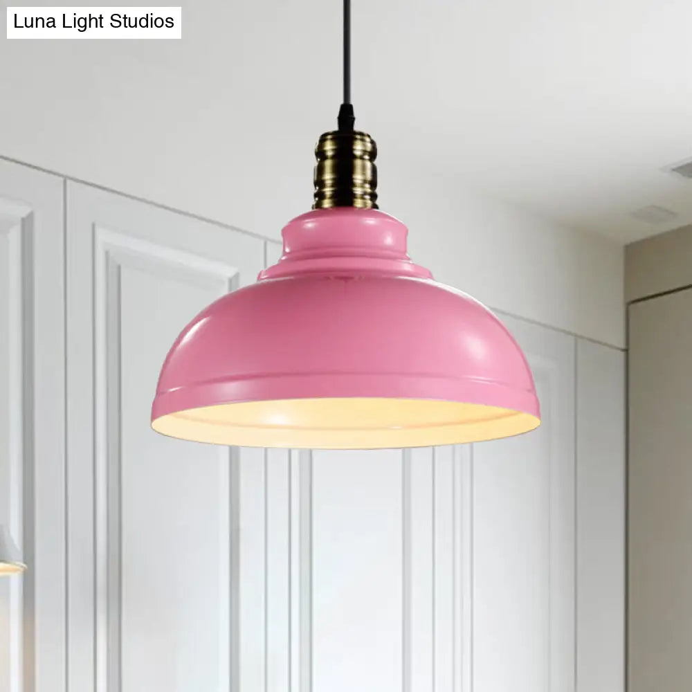 Industrial Style Dome Ceiling Fixture In Pink/Blue Metal With Adjustable Cord - 12/16 Width