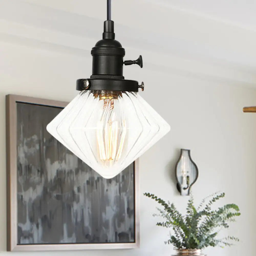 Adjustable Height Industrial Pendant Light With Diamond Glass Shade - Black/Bronze/Brass Finish