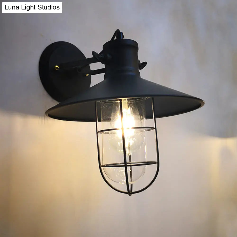 Adjustable Industrial Black Iron Wall Sconce Lamp With Cage And Clear Glass Shade