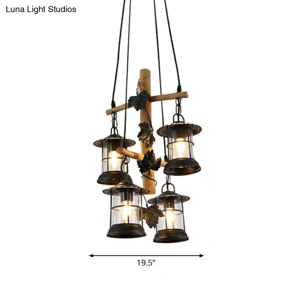 Adjustable 3/4 Lights Industrial Glass Lantern Ceiling Chandelier In Black