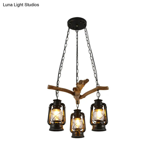 Adjustable 3/4 Lights Industrial Glass Lantern Ceiling Chandelier In Black