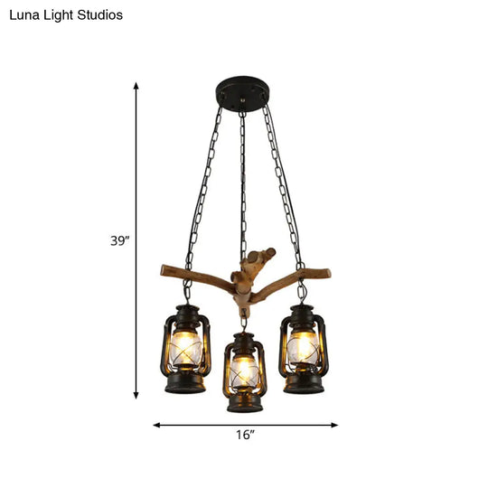 Adjustable 3/4 Lights Industrial Glass Lantern Ceiling Chandelier In Black