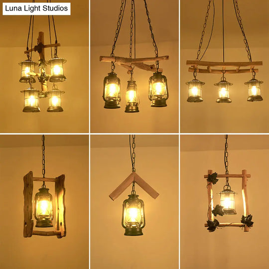 Adjustable 3/4 Lights Industrial Glass Lantern Ceiling Chandelier In Black